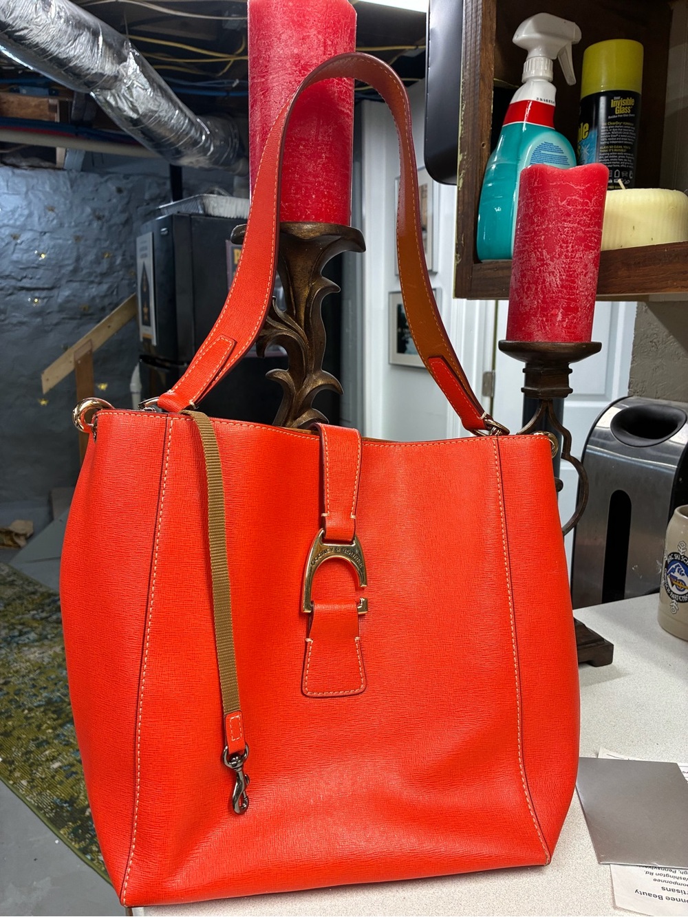 Dooney & Bourke Orange/red Leather Tote with Buckle Accent